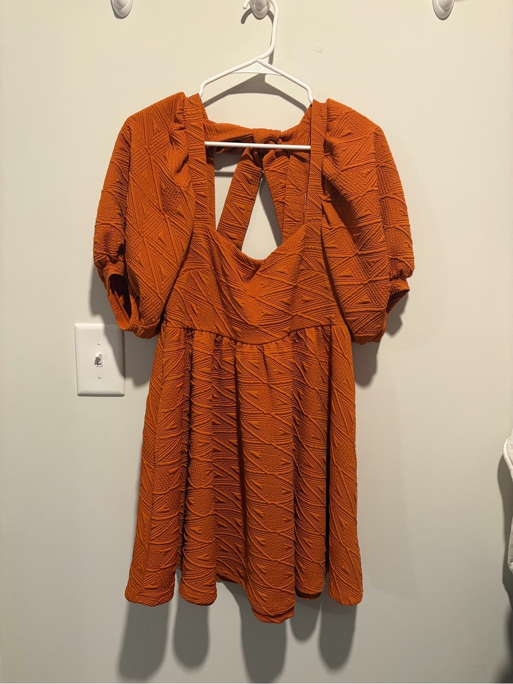 Textured Puff-Sleeve Mini Dress in Rust